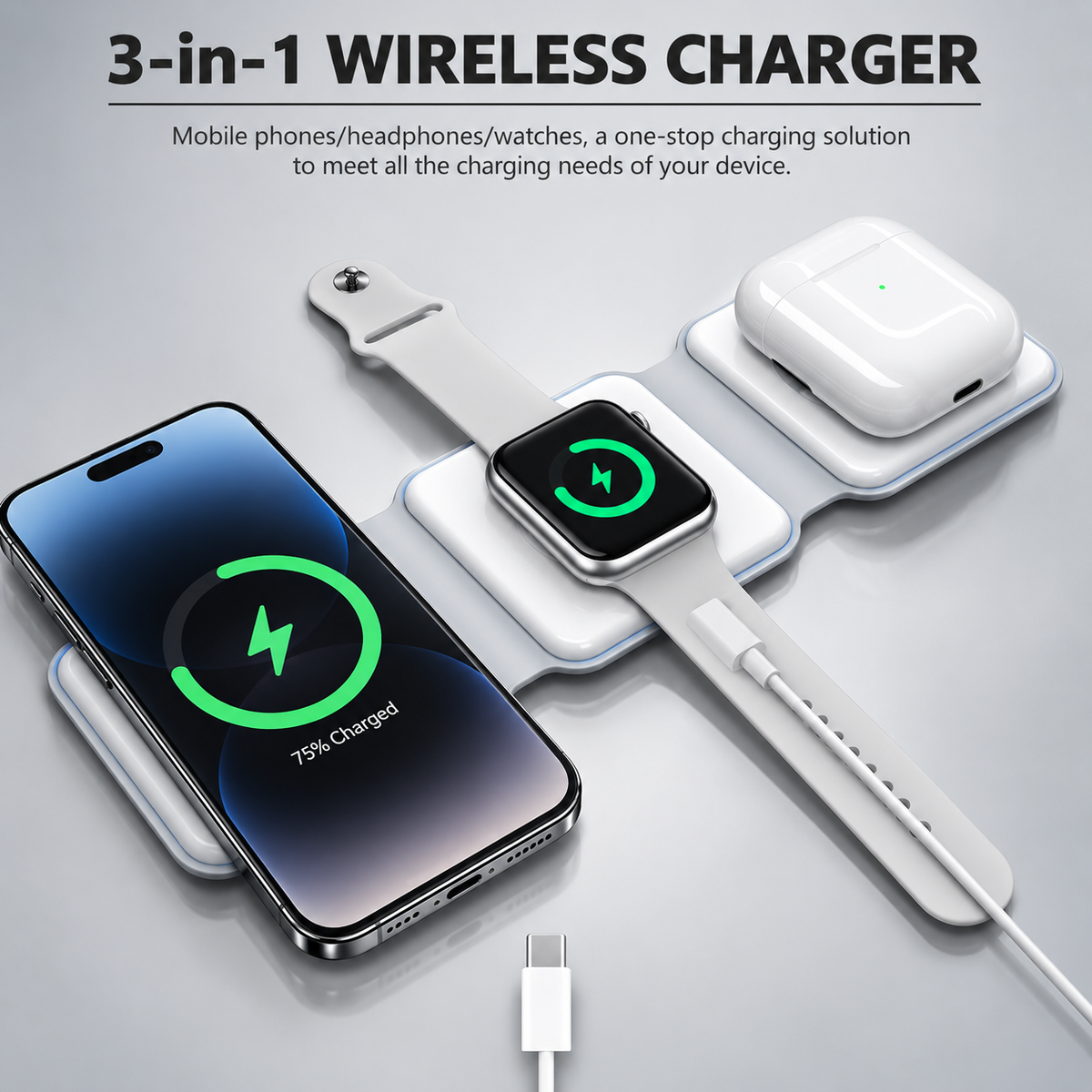 3-in-1 Wireless Charging Pad – 15W Fast Wireless Charger for Phone, Apple Watch & AirPods