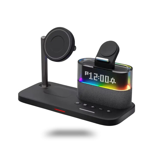 5-in-1 Magnetic Wireless Charging Station with Alarm Clock & LED Night Light, Fast Wireless Charger for iPhone, Apple Watch & AirPods – Black/White