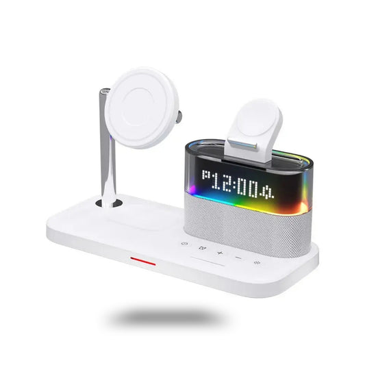 5-in-1 Magnetic Wireless Charging Station with Alarm Clock & LED Night Light, Fast Wireless Charger for iPhone, Apple Watch & AirPods – Black/White