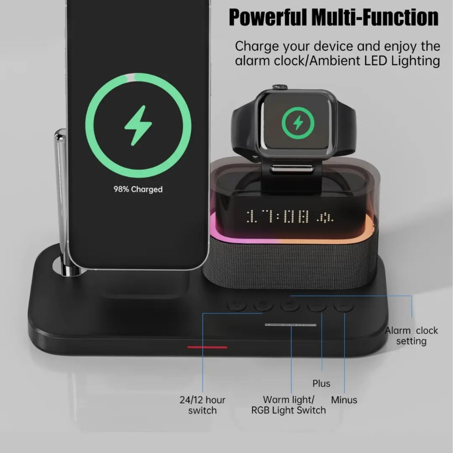 5-in-1 Magnetic Wireless Charging Station with Alarm Clock & LED Night Light, Fast Wireless Charger for iPhone, Apple Watch & AirPods – Black/White