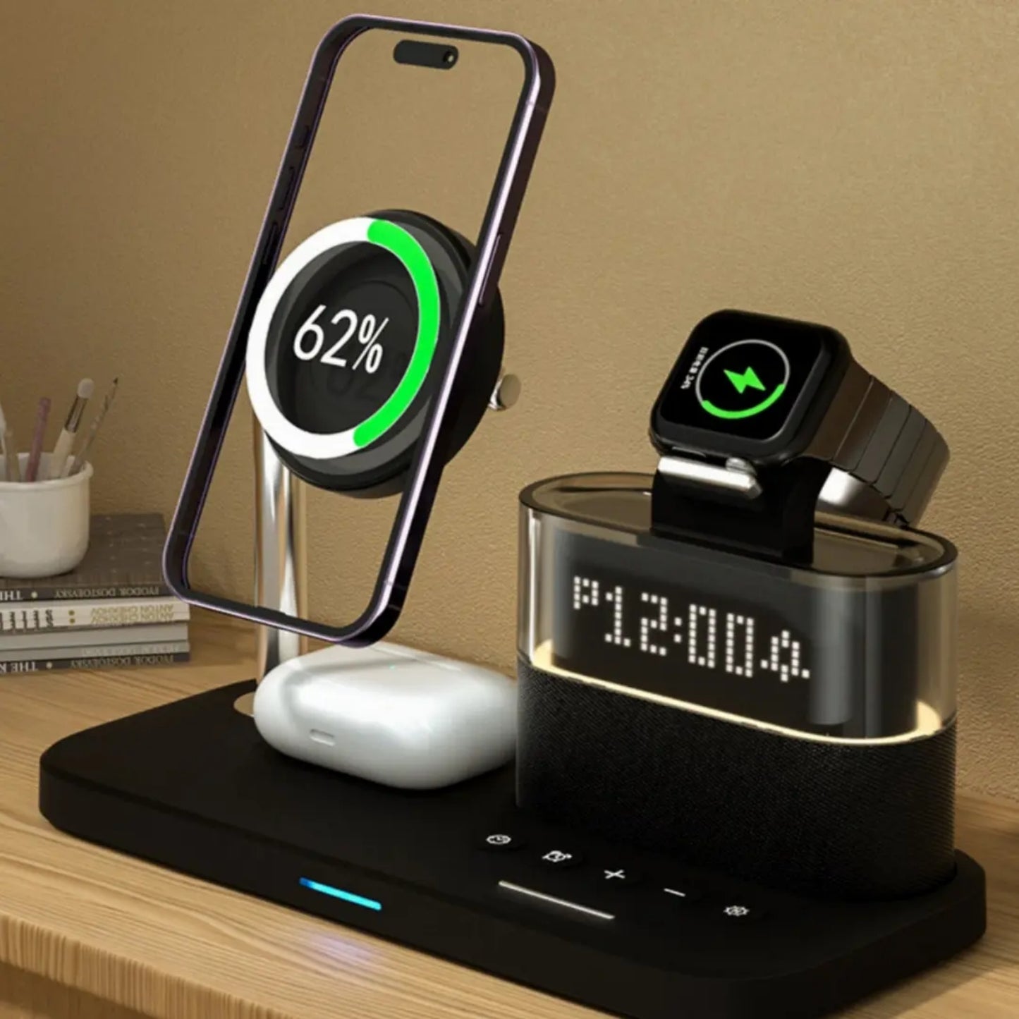 5-in-1 Magnetic Wireless Charging Station with Alarm Clock & LED Night Light, Fast Wireless Charger for iPhone, Apple Watch & AirPods – Black/White