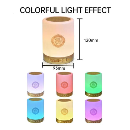 Portable Islamic Holy Quran Speaker LED Touch Lamp with Azan Clock, MP3 Player, 16GB Memory Card, Remote Control, USB Rechargeable Night Light – White & Gold